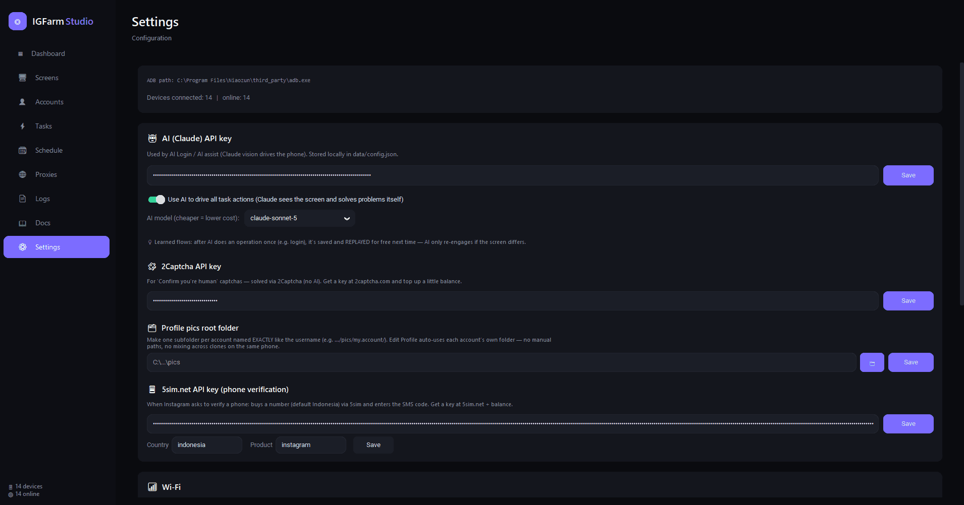 IGFarm Studio configuration screen with ADB settings, AI model selection and integrations
