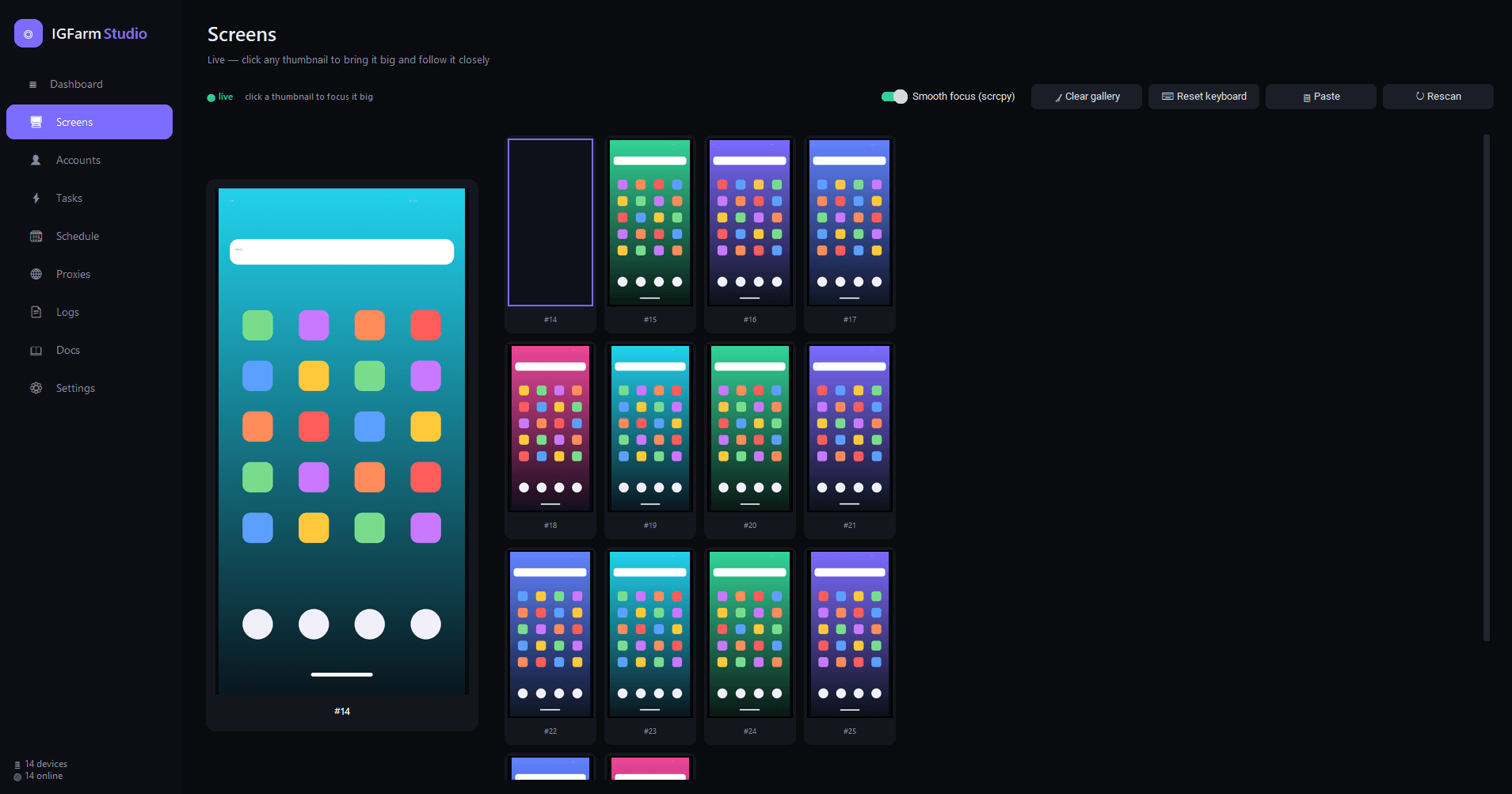 IGFarm Studio device wall streaming every connected Android phone live