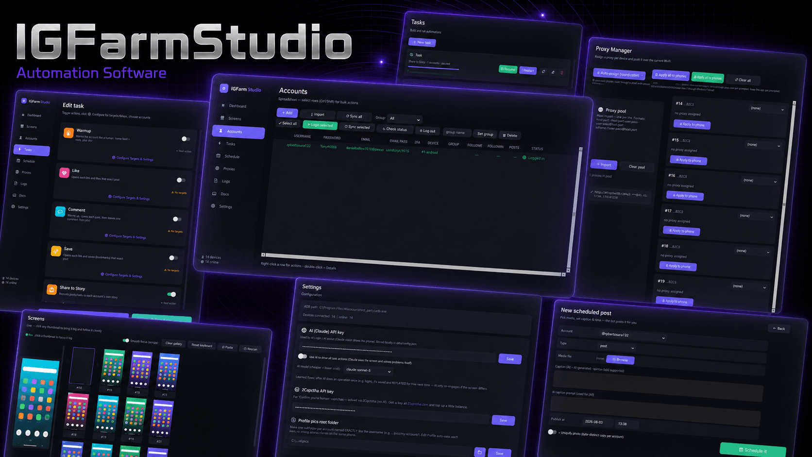 IGFarm Studio brand composite showing the live device wall