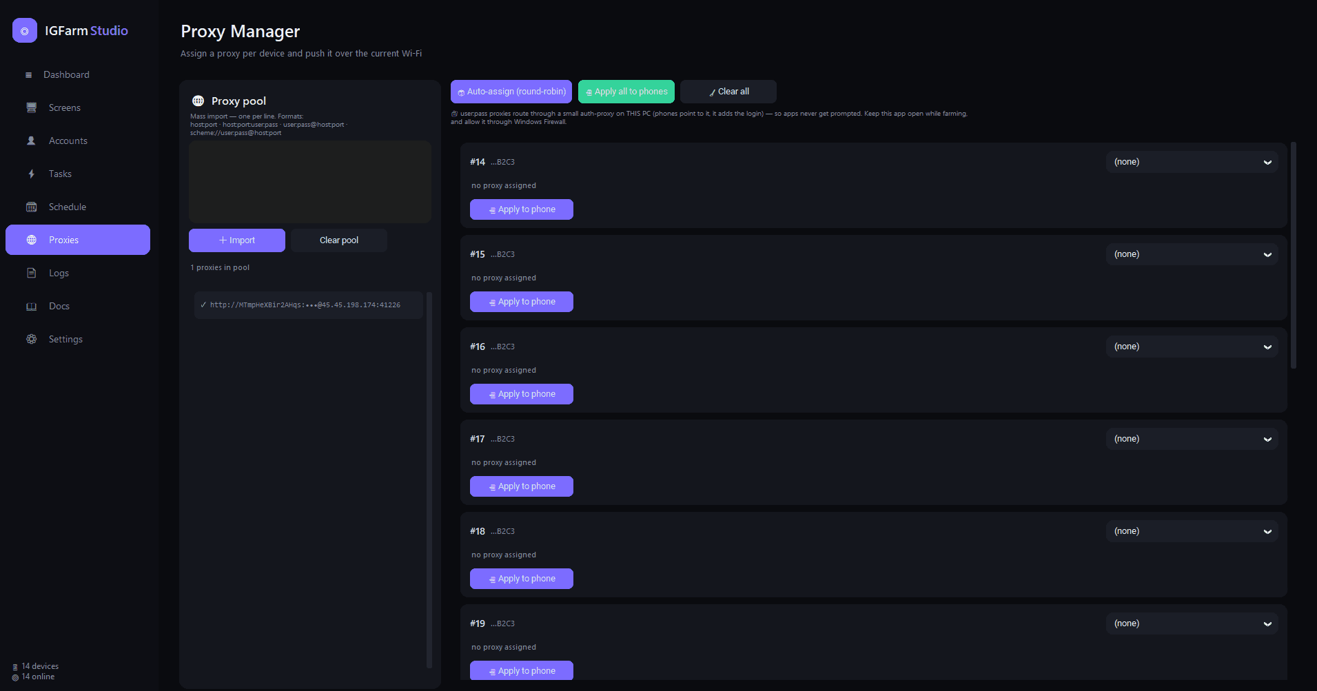 IGFarm Studio proxy manager assigning a proxy to each connected device