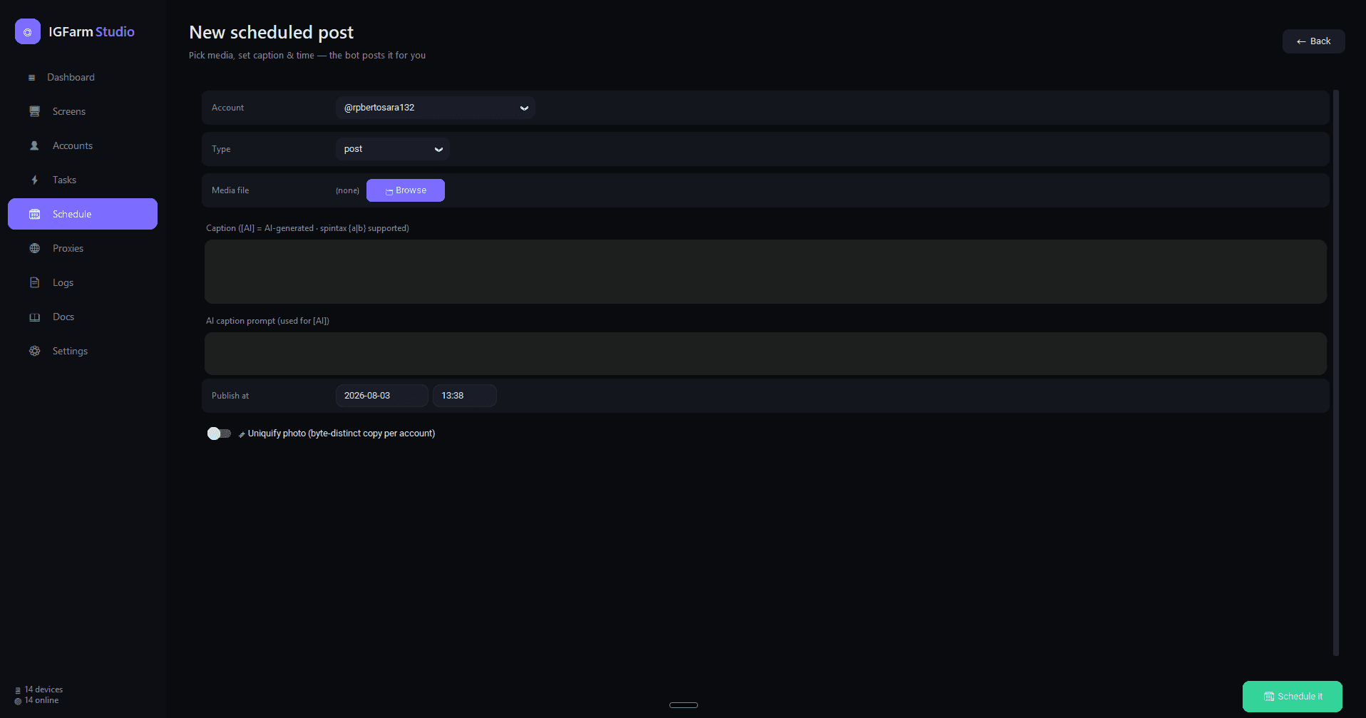 IGFarm Studio post scheduler queueing photos, reels and stories with AI captions