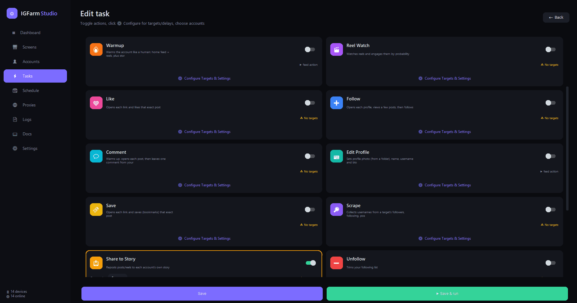 IGFarm Studio task builder listing eleven chainable actions with targets and filters