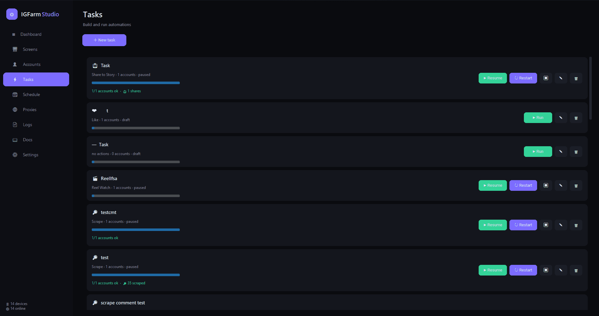 IGFarm Studio task runner with live per-account progress and pause and stop controls