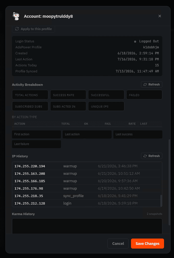 RLegend per-account analytics with action breakdown, IP history and karma over time