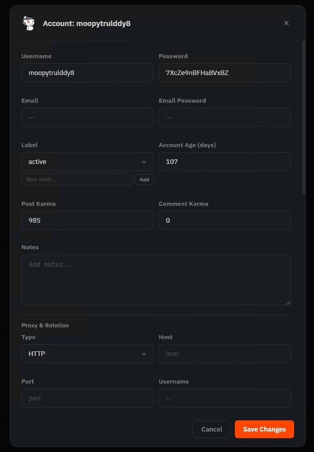 RLegend account detail panel with label, age, karma and proxy rotation settings