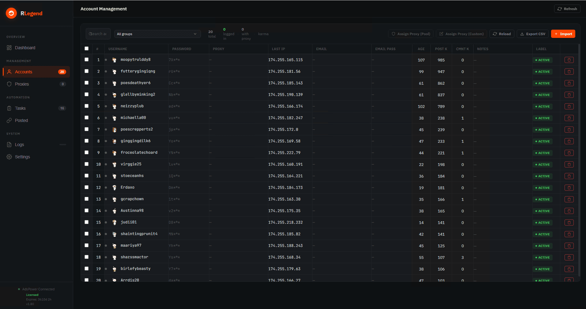 RLegend spreadsheet-style account manager with proxy, last IP, age and karma columns