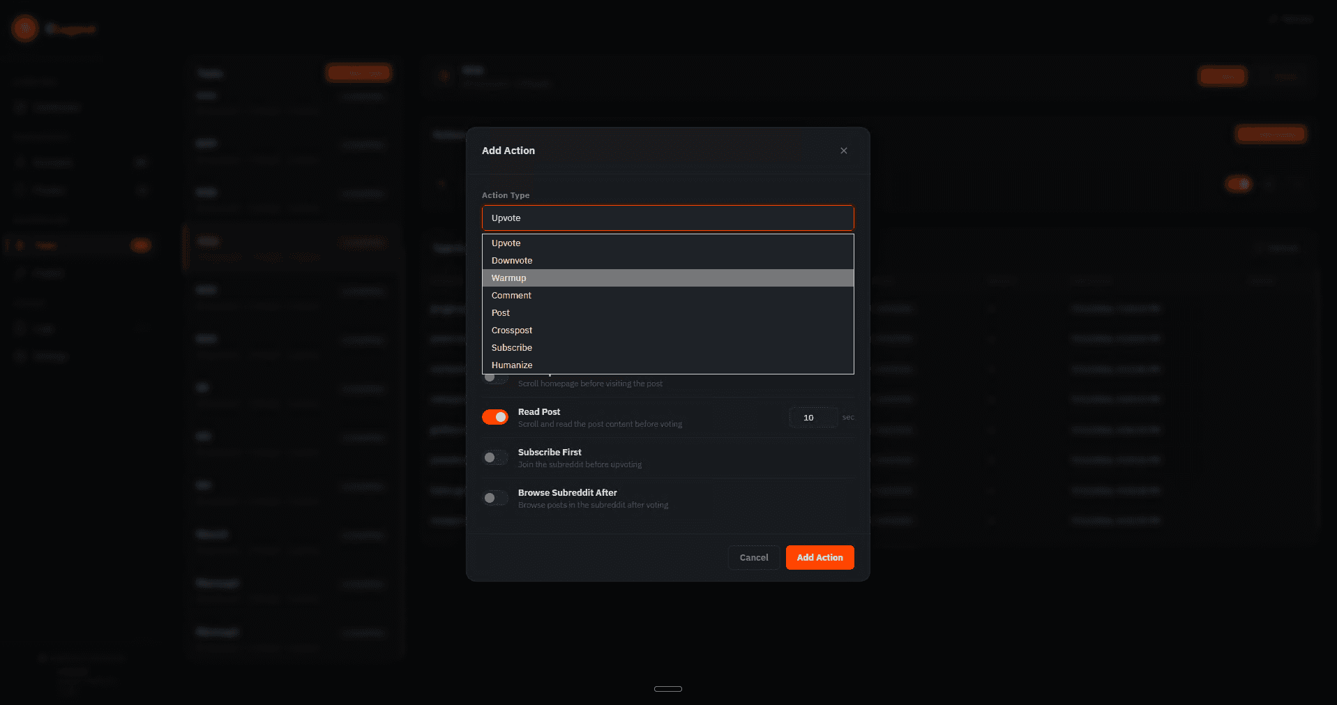 RLegend action builder with human-behavior options such as read-post and browse-after