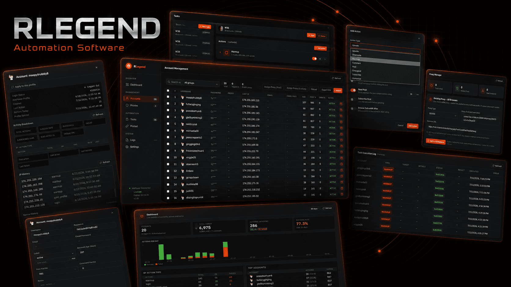 RLegend brand composite showing the account management spreadsheet