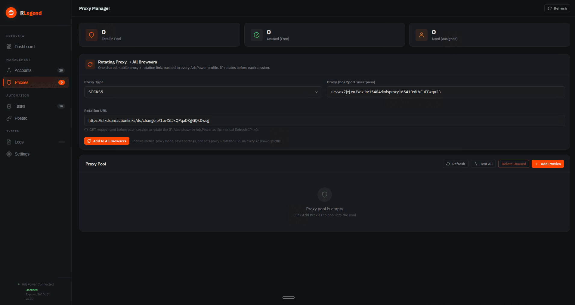RLegend proxy manager with pool health and latency testing and mobile rotation settings