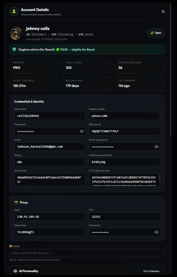 XLegend account detail panel with warmup tier, trust score and proxy binding, credentials masked