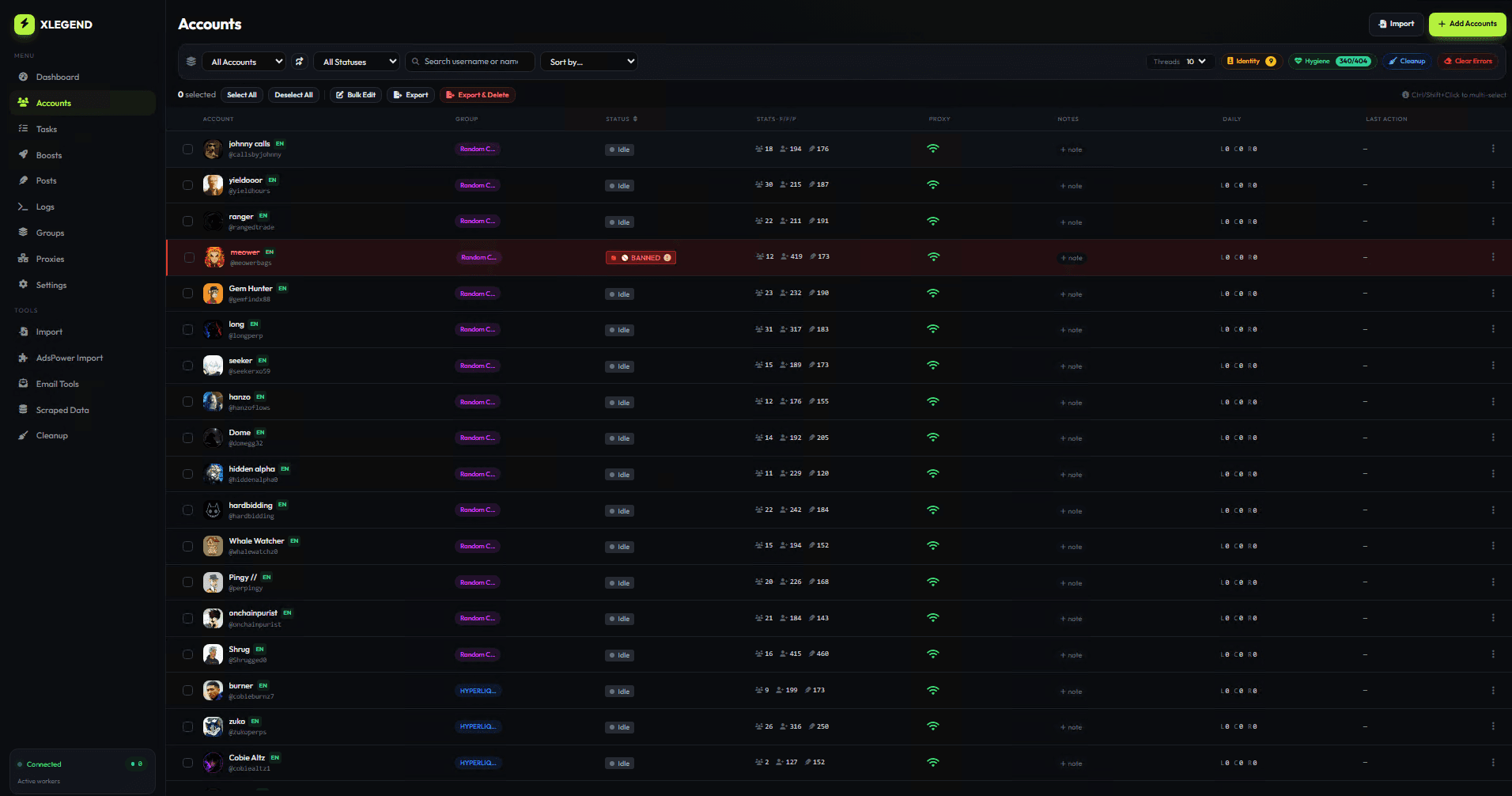 XLegend accounts table listing group, status, proxy health and daily counters per account