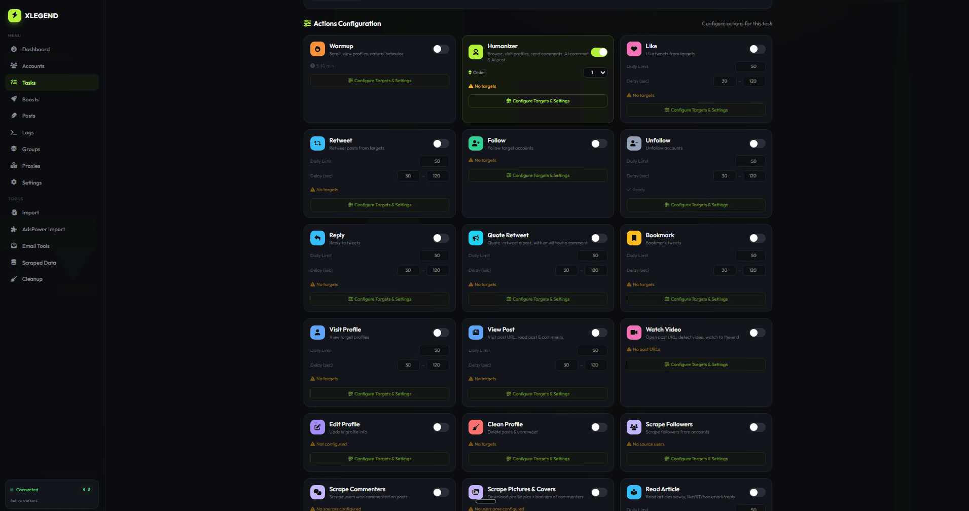 XLegend action configuration screen showing per-action limits, delays and targets