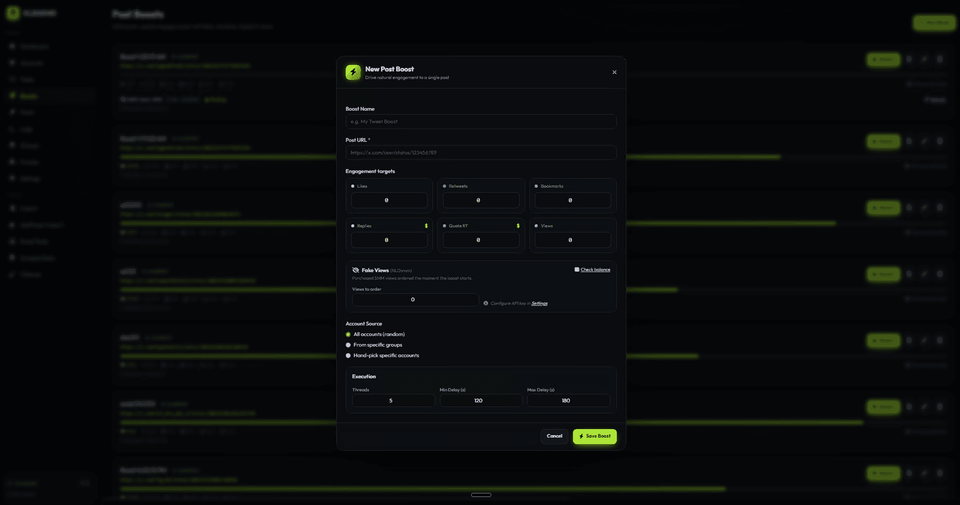 XLegend post boost configuration with engagement types, account source and execution controls