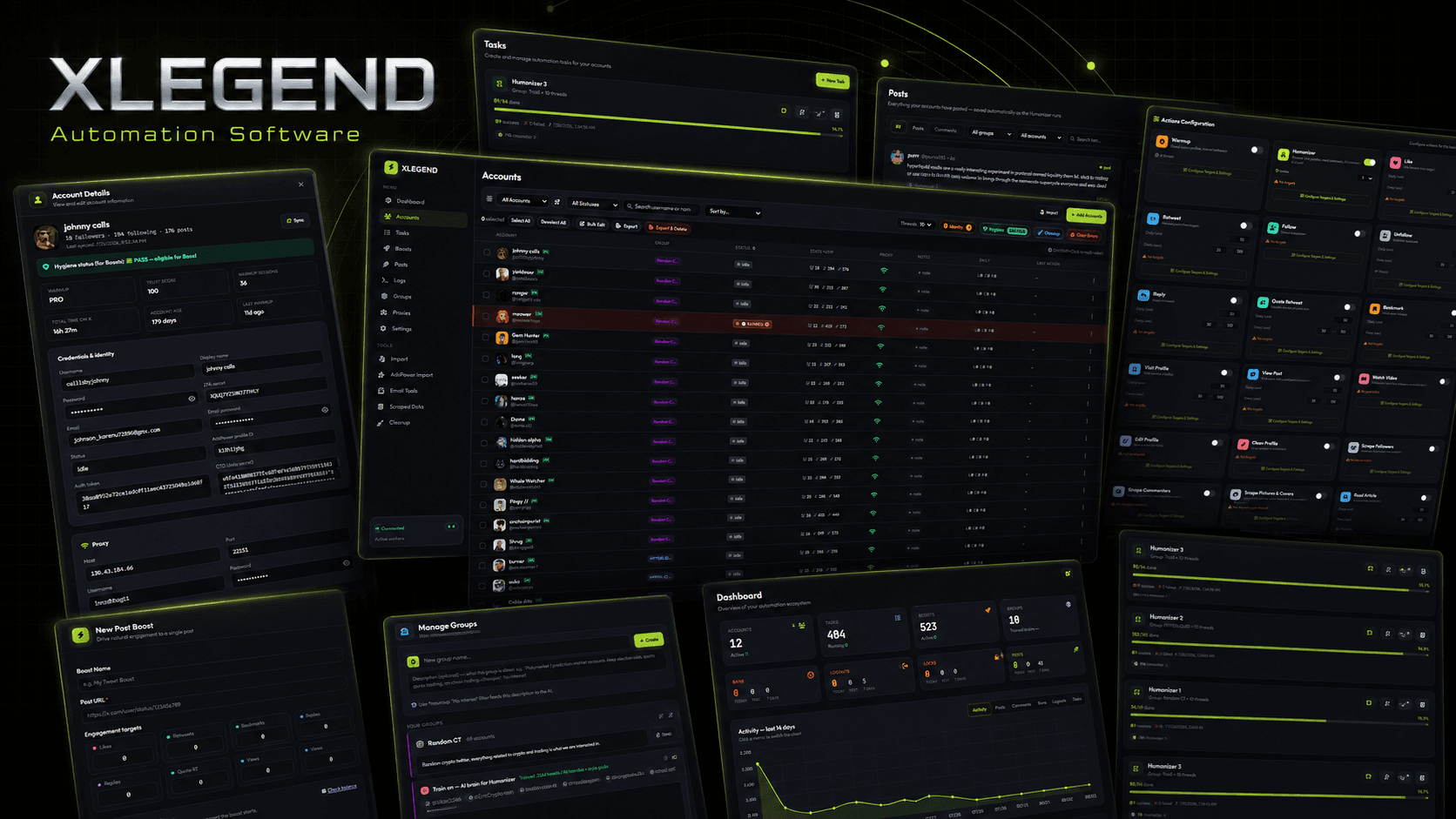 XLegend brand composite showing the account fleet dashboard
