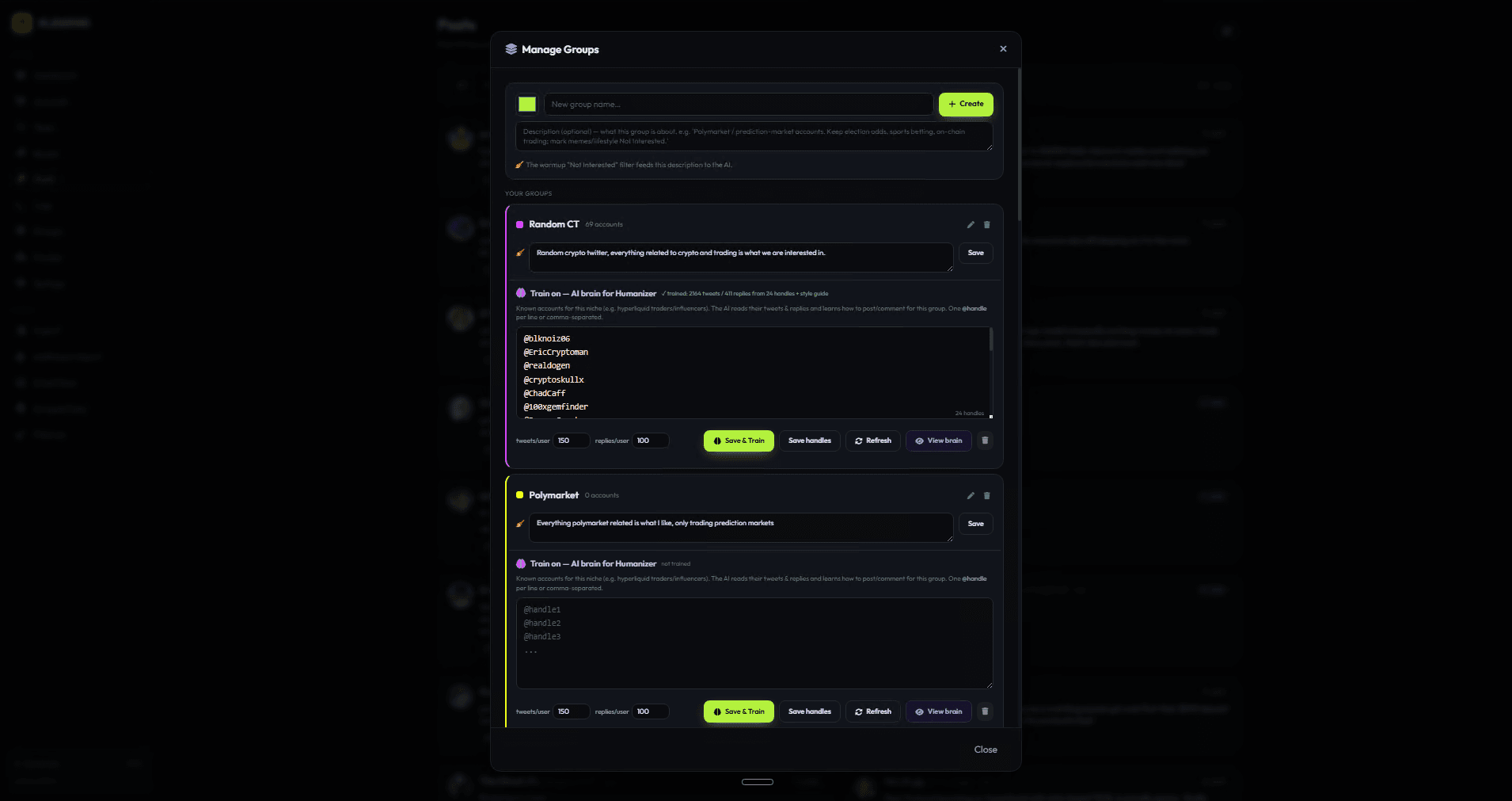 XLegend group manager showing niche groups and the handles their AI brain is trained on