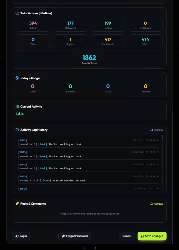 XLegend per-account lifetime statistics panel with a streaming activity log