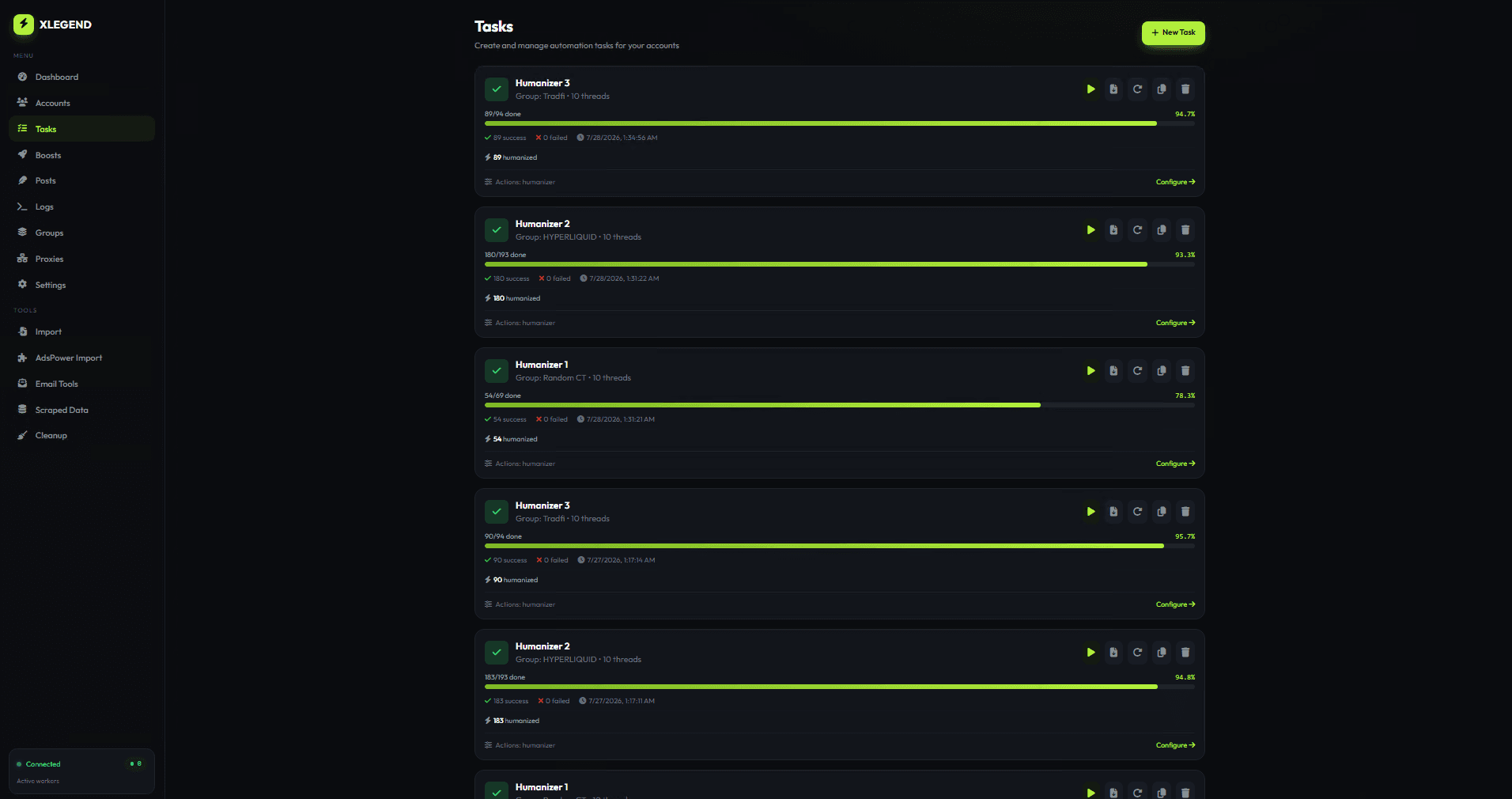 XLegend task list with live progress bars and success and failure counts per run